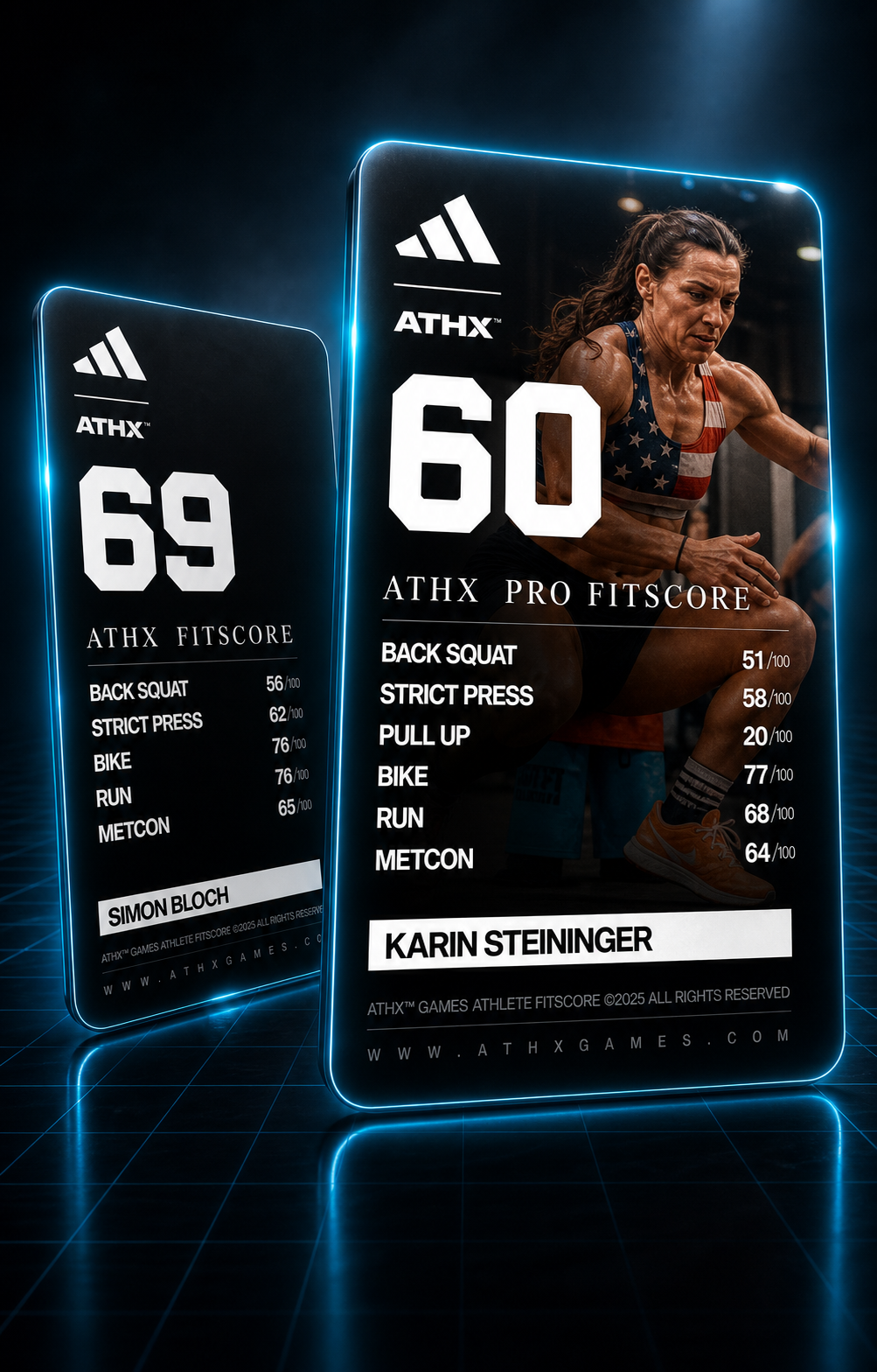 ATHX fit score cards showing branded athlete scores and performance breakdowns